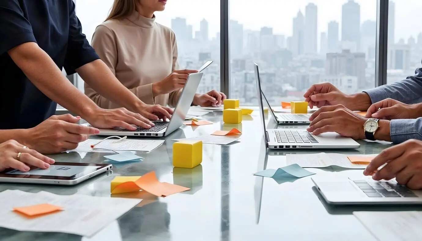 Люди, работающие с устройствами, управляемыми искусственным интеллектом.